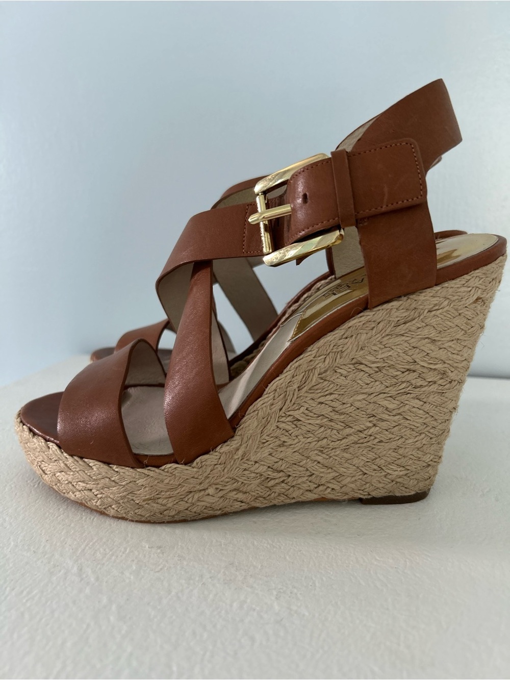 MICHAEL Michael Kors Brown Leather Espadrille Wedge Sandals with Gold Buckle - Picture 3 of 8